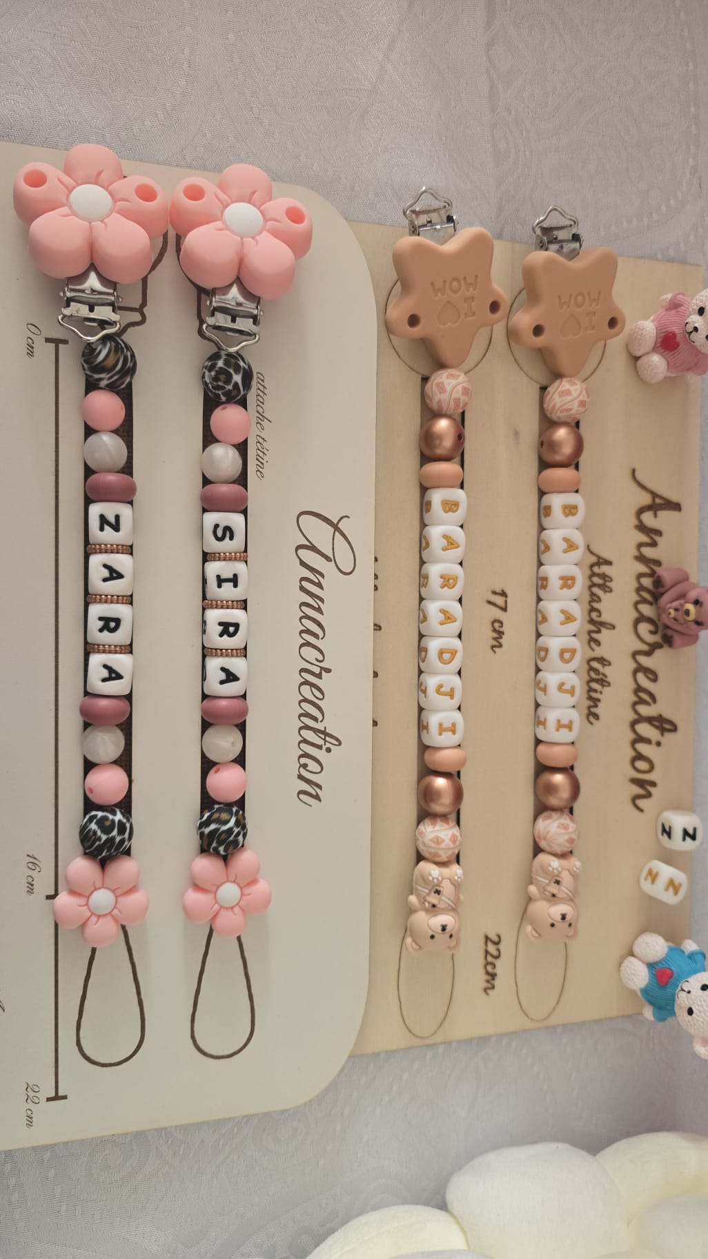 Lot de 4 Attache tetine personnalisé ou tétine, doudou et anneau de dentition