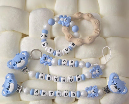Attache tetine, doudou, anneau de dentition et porte clé personnalisé