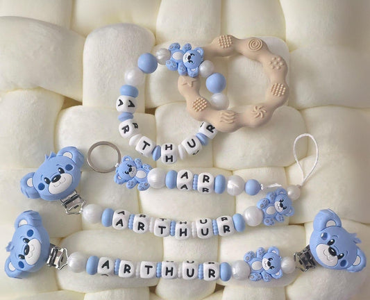 Attache tetine, doudou, anneau de dentition et porte clé personnalisé